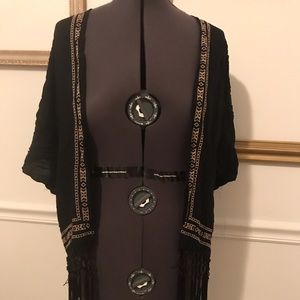 Silky Black Kimono with Tan Embroidery Detail